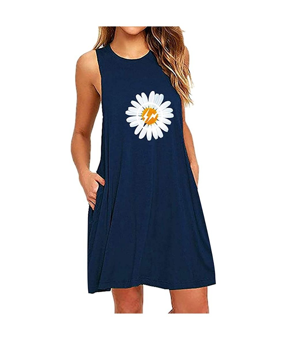 Cover-Ups Women Summer Casual T Shirt Dresses Beach Cover up Tank Dress Daisy Printing Sleeveless A Line Casual Dress Navy - ...