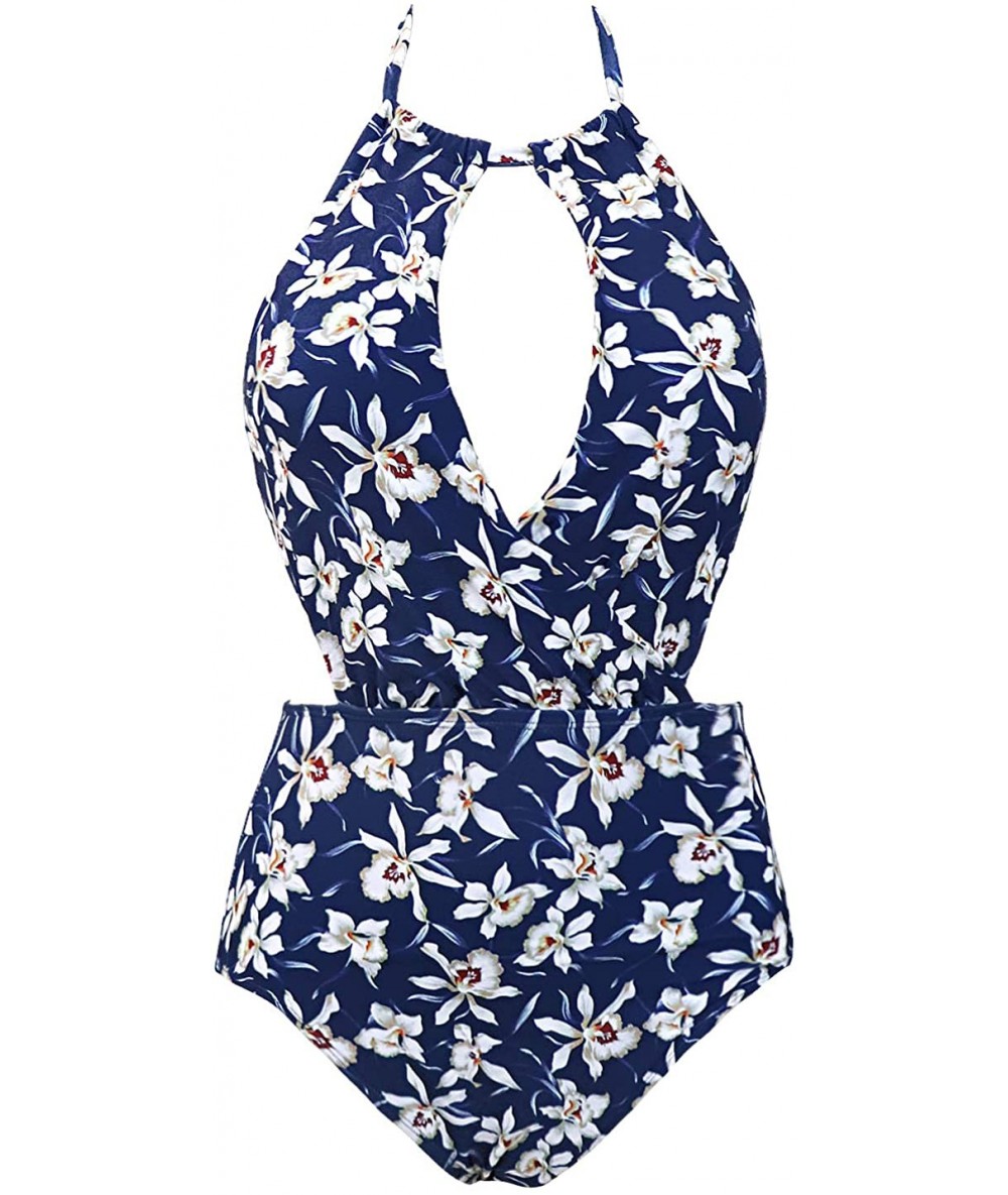 One-Pieces Women's Neckline High Waisted Swimsuit One Piece Monokini Swimwear(FBA) - White Floral - C618I6D5T4A $30.54