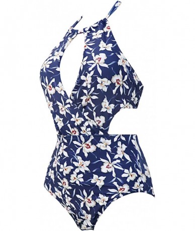 One-Pieces Women's Neckline High Waisted Swimsuit One Piece Monokini Swimwear(FBA) - White Floral - C618I6D5T4A $30.54