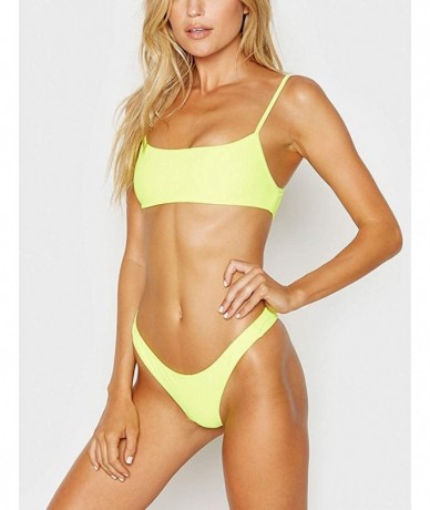 Sets Bikini Set Ribbed Neon Scoop Crop Top High Cut 2 Piece Brazilian Sporty Swimsuits for Women - Yellow - CJ18R38HA27 $33.32