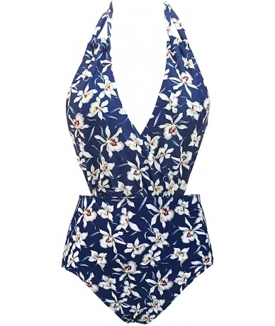 One-Pieces Women's Neckline High Waisted Swimsuit One Piece Monokini Swimwear(FBA) - White Floral - C618I6D5T4A $30.54