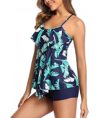 Sets Women 2 Piece Layered Flounce Printed Tank Top with Boyshorts Tankini Set Bathing Suits Swimsuit Navy Tropical 02 - CZ19...