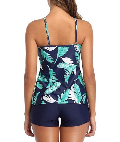 Sets Women 2 Piece Layered Flounce Printed Tank Top with Boyshorts Tankini Set Bathing Suits Swimsuit Navy Tropical 02 - CZ19...