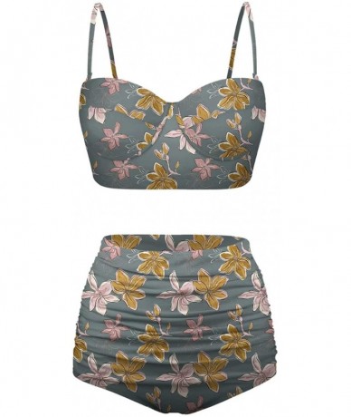 Sets Women's Retro Summer Bright Floral Print Funny Swimsuits High Waisted Bikini Set - Gray - CB196SN955R $68.06