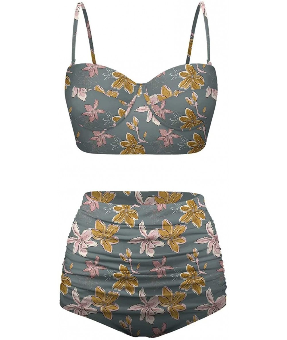 Sets Women's Retro Summer Bright Floral Print Funny Swimsuits High Waisted Bikini Set - Gray - CB196SN955R $68.06