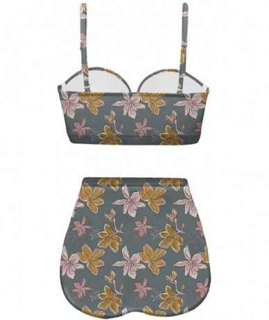 Sets Women's Retro Summer Bright Floral Print Funny Swimsuits High Waisted Bikini Set - Gray - CB196SN955R $68.06