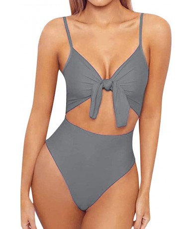 One-Pieces Womens High Waisted Bikini Bottoms Spaghetti Strap Tie Knot Front Cutout High Cut One Piece Swimsuit Swimwear Grey...