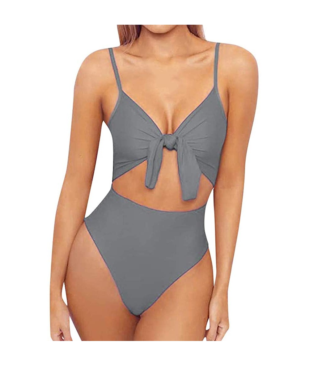 One-Pieces Womens High Waisted Bikini Bottoms Spaghetti Strap Tie Knot Front Cutout High Cut One Piece Swimsuit Swimwear Grey...