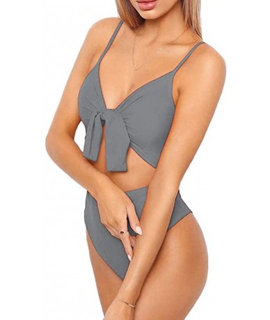 One-Pieces Womens High Waisted Bikini Bottoms Spaghetti Strap Tie Knot Front Cutout High Cut One Piece Swimsuit Swimwear Grey...