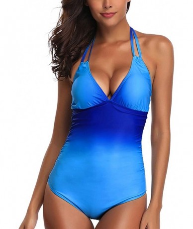 Sets Backless Ladies One-Piece Bikini Set Striped Paneled Swimsuit Beach Wear - A-blue - CY193W2N82O $29.96