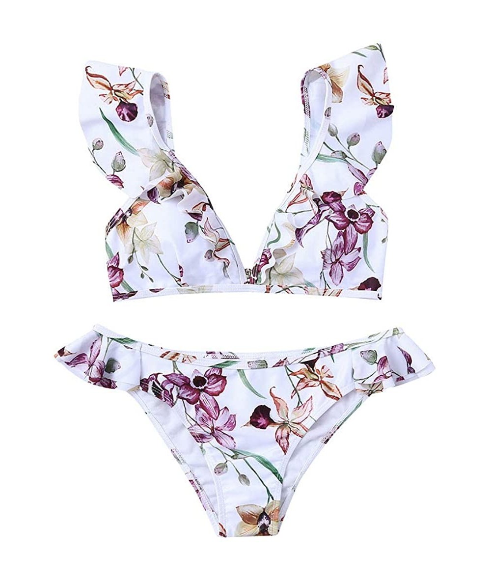 Sets Swimwear for Womens- Sexy Print Leaves Push-Up Two Piece Padded Bathing Swimsuit Beachwear Sets Bikini - White_03 - CI18...