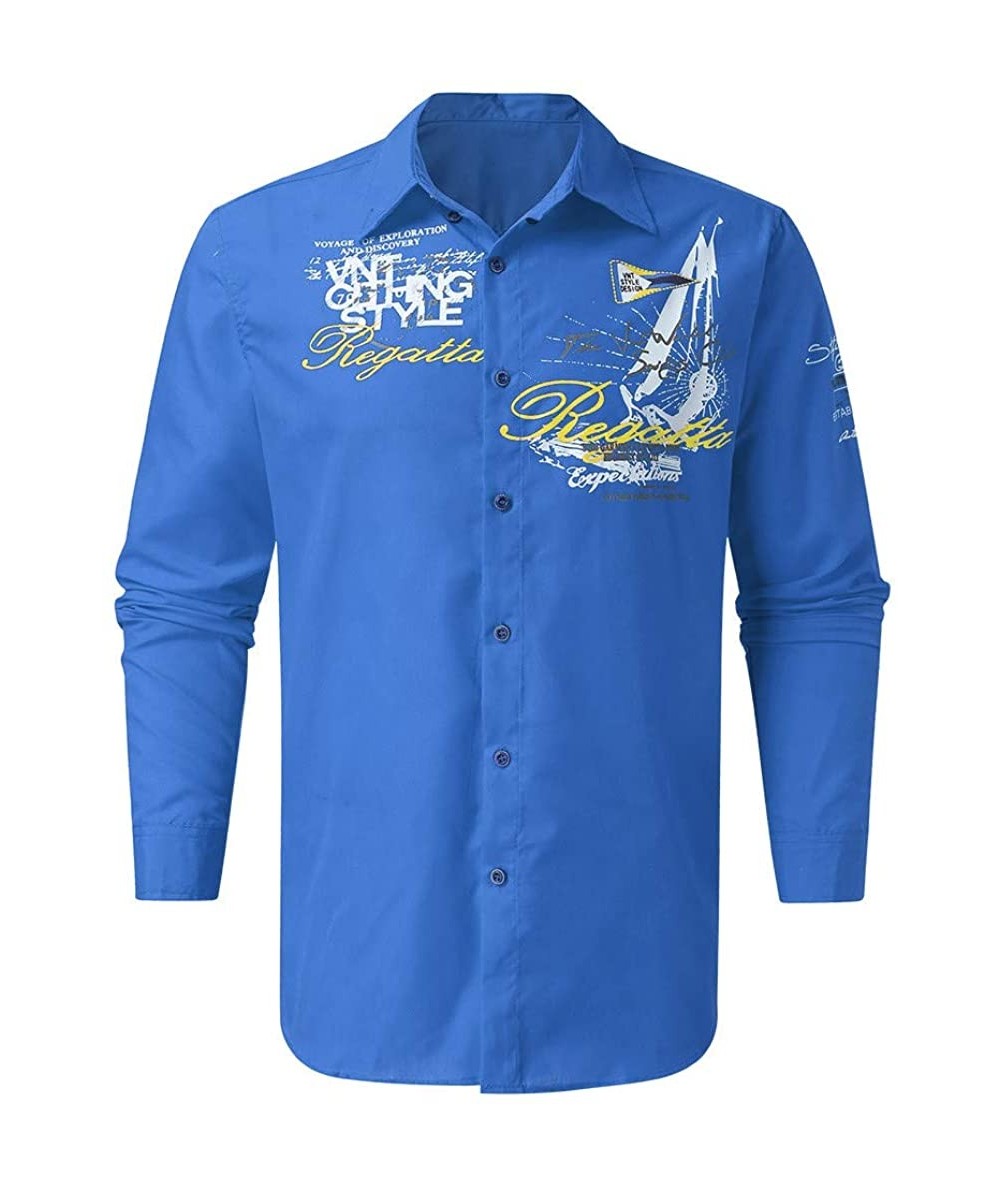 Rash Guards Four Seasons Men's Letter Button Personality Shirt Long Sleeve T-Shirt Blouse Tops - Blue - CO1942HR3YN $41.32