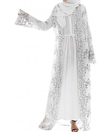 Cover-Ups Women's Muslim Islamic Sequins Embroidered Sheer Lace Maxi Open Abaya Cardigan - White - C018Q7AKCNY $51.28