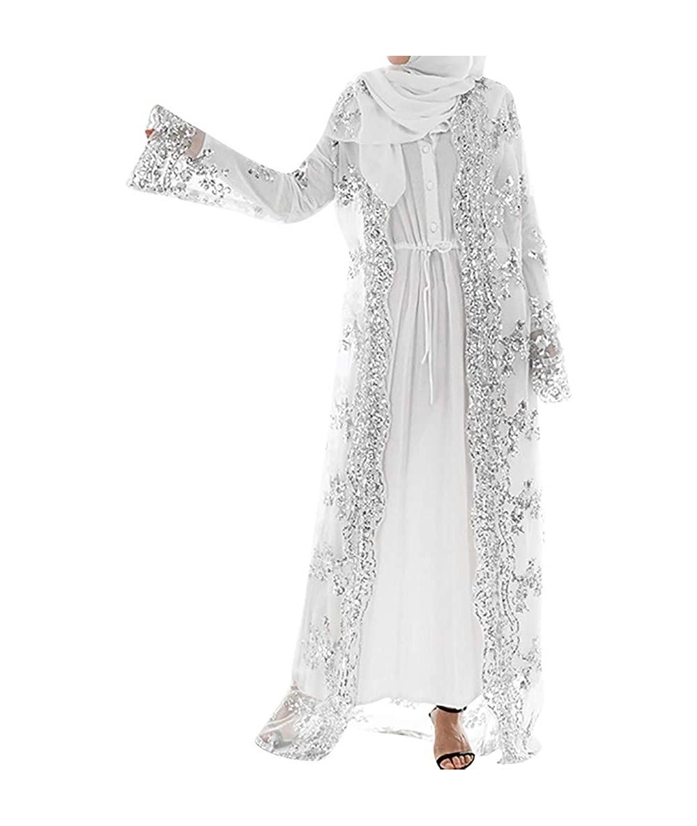 Cover-Ups Women's Muslim Islamic Sequins Embroidered Sheer Lace Maxi Open Abaya Cardigan - White - C018Q7AKCNY $51.28