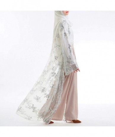 Cover-Ups Women's Muslim Islamic Sequins Embroidered Sheer Lace Maxi Open Abaya Cardigan - White - C018Q7AKCNY $51.28