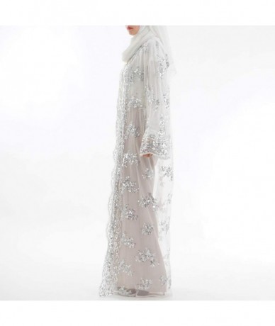 Cover-Ups Women's Muslim Islamic Sequins Embroidered Sheer Lace Maxi Open Abaya Cardigan - White - C018Q7AKCNY $51.28