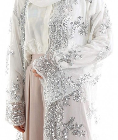 Cover-Ups Women's Muslim Islamic Sequins Embroidered Sheer Lace Maxi Open Abaya Cardigan - White - C018Q7AKCNY $51.28