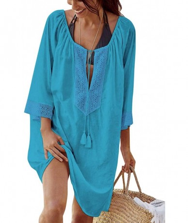 Cover-Ups Women's Oversized Swimsuit Cover up Solid Bikini Swimwear Beach Dress - Turquoise Blue - CJ18O79958Z $42.95