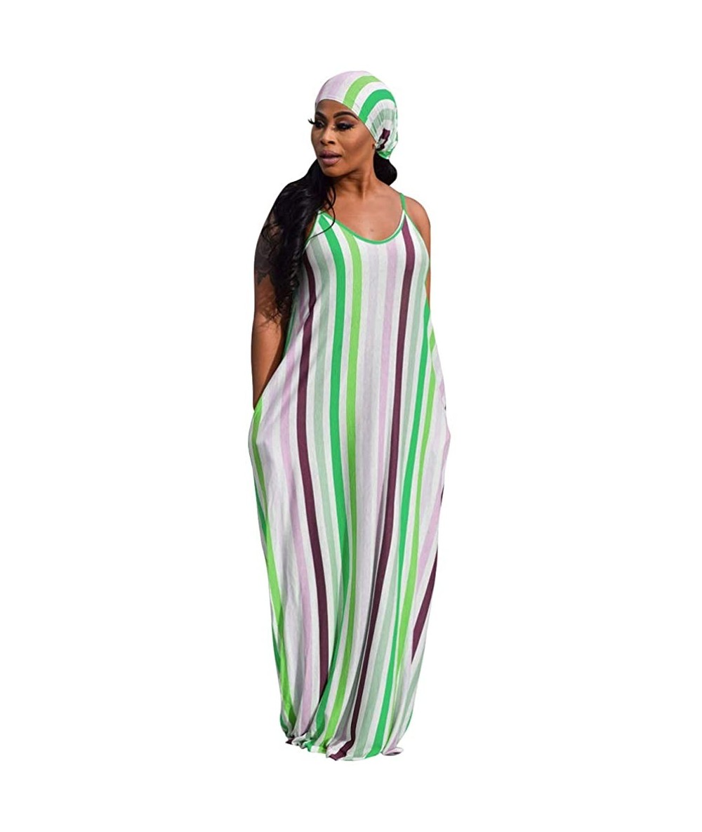 Cover-Ups Women's Tie Dye Sundress Baggy Fit Striped Sexy Spaghetti Straps Casual Boho Maxi Dress with Pockets - C-green - CN...