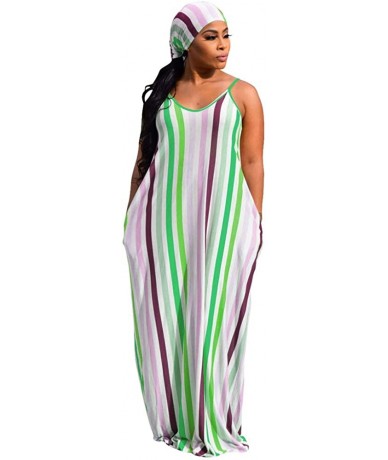 Cover-Ups Women's Tie Dye Sundress Baggy Fit Striped Sexy Spaghetti Straps Casual Boho Maxi Dress with Pockets - C-green - CN...