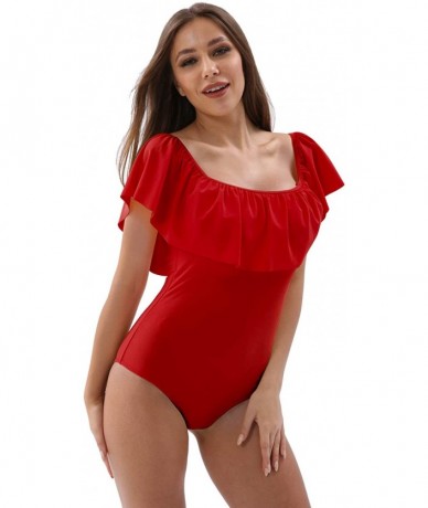 One-Pieces Womens Flounce Off-Shoulder One-Piece Swimsuits Solid Color Swimwear Ruffles Beach Bathing Suit - Ruby Red - CA18U...