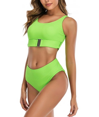 Sets Women Textured Swimsuit Sexy Bandeau High Waist Wide Straps 2 Piece Bikini Sets Bathing Suit - Green - CM196EM5DLE $25.21