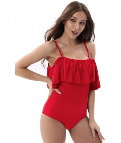 One-Pieces Womens Flounce Off-Shoulder One-Piece Swimsuits Solid Color Swimwear Ruffles Beach Bathing Suit - Ruby Red - CA18U...