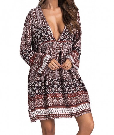 Cover-Ups Women Boho Dress Floral Printed Deep V-Neck Summer Beach Bohemian Sundress Loose Short Mini Dress - A-coffee - CQ18...