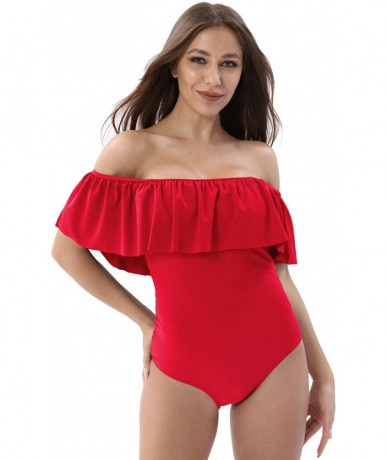 One-Pieces Womens Flounce Off-Shoulder One-Piece Swimsuits Solid Color Swimwear Ruffles Beach Bathing Suit - Ruby Red - CA18U...