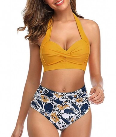 Sets Womens Push-up Bikini Set Two Piece Halter Swimsuit High Waist Bathing Suit Sexy Floral Print Swimwear - Yellow - C1196Z...