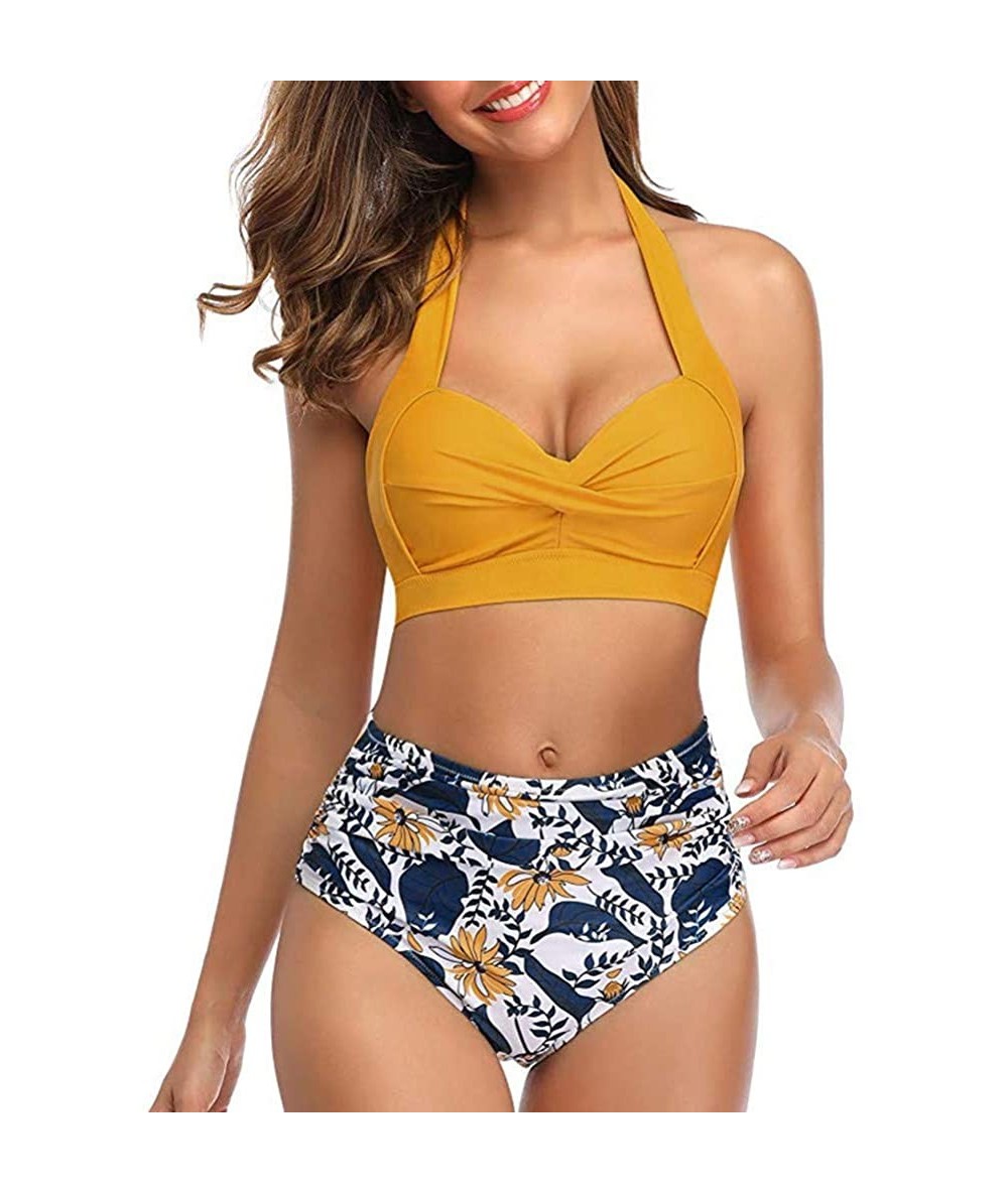 Sets Womens Push-up Bikini Set Two Piece Halter Swimsuit High Waist Bathing Suit Sexy Floral Print Swimwear - Yellow - C1196Z...