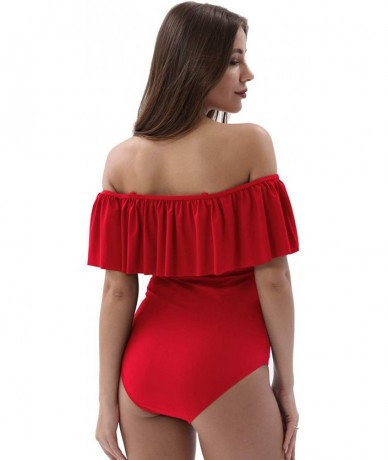 One-Pieces Womens Flounce Off-Shoulder One-Piece Swimsuits Solid Color Swimwear Ruffles Beach Bathing Suit - Ruby Red - CA18U...