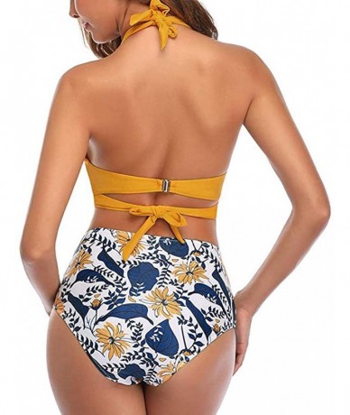 Sets Womens Push-up Bikini Set Two Piece Halter Swimsuit High Waist Bathing Suit Sexy Floral Print Swimwear - Yellow - C1196Z...