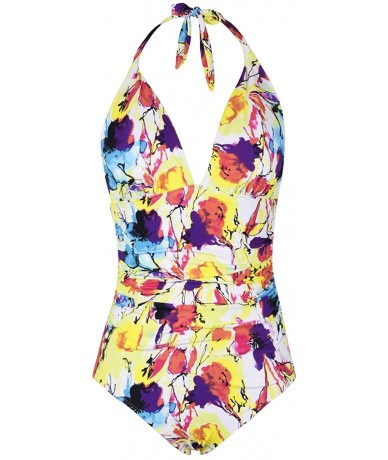 One-Pieces Women's Plunge Deep V Neck One Piece Swimsuit Halter Bikinis Monokinis Shirred Details - Yellow Floral - CI18N8HG5...