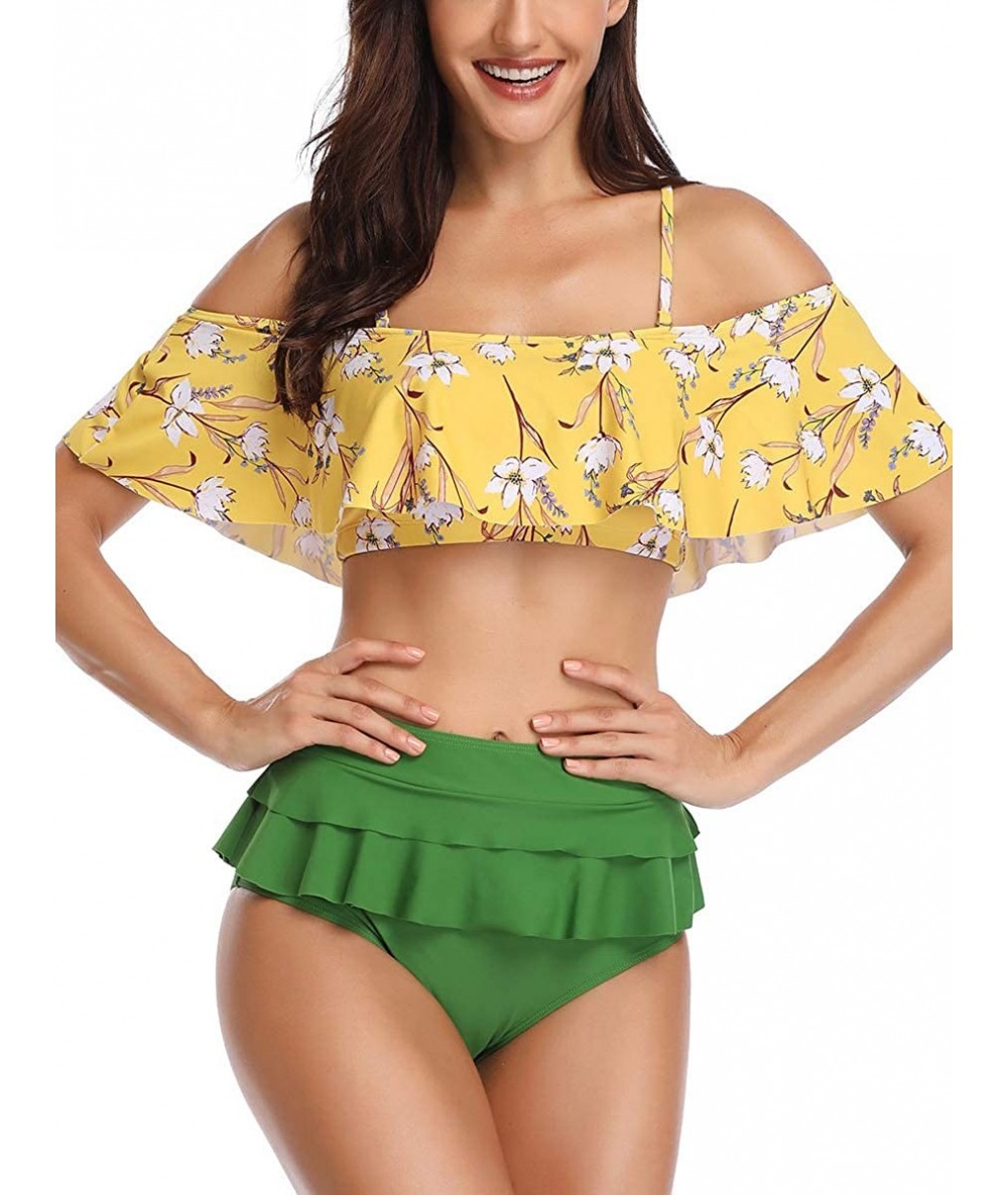 Sets Womens Two Piece Ruffled Flounce High Waisted Printed Bikini Set Swimwear Swimsuits - 106 Green - CW18NRZ2ONL $36.80