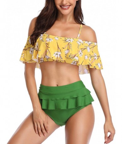 Sets Womens Two Piece Ruffled Flounce High Waisted Printed Bikini Set Swimwear Swimsuits - 106 Green - CW18NRZ2ONL $36.80