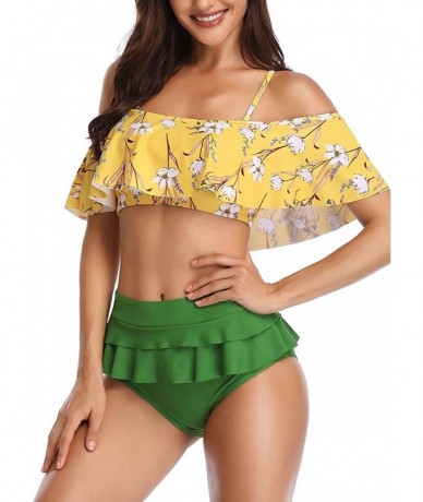 Sets Womens Two Piece Ruffled Flounce High Waisted Printed Bikini Set Swimwear Swimsuits - 106 Green - CW18NRZ2ONL $36.80