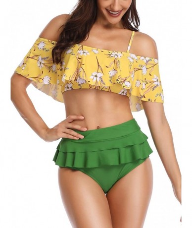 Sets Womens Two Piece Ruffled Flounce High Waisted Printed Bikini Set Swimwear Swimsuits - 106 Green - CW18NRZ2ONL $36.80