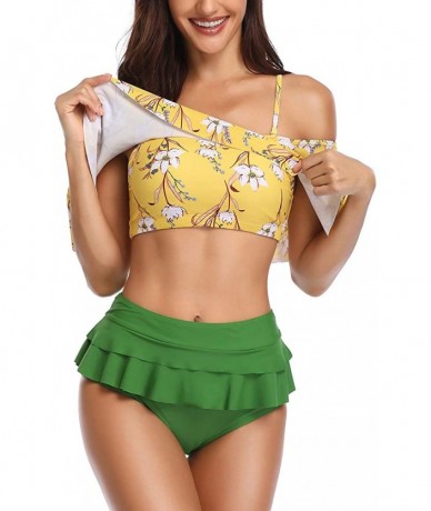 Sets Womens Two Piece Ruffled Flounce High Waisted Printed Bikini Set Swimwear Swimsuits - 106 Green - CW18NRZ2ONL $36.80