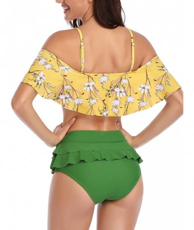 Sets Womens Two Piece Ruffled Flounce High Waisted Printed Bikini Set Swimwear Swimsuits - 106 Green - CW18NRZ2ONL $36.80