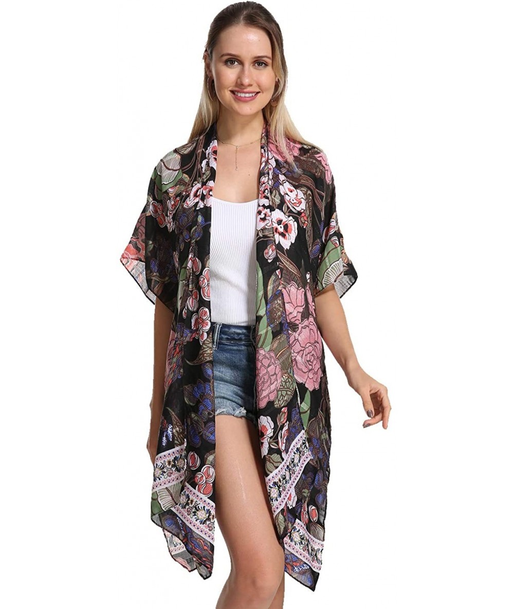 Cover-Ups Women's Stylish Floral Print Kimono Cardigan for 2020 Spring Summer - Black Florals - CP1947OEWC6 $27.18