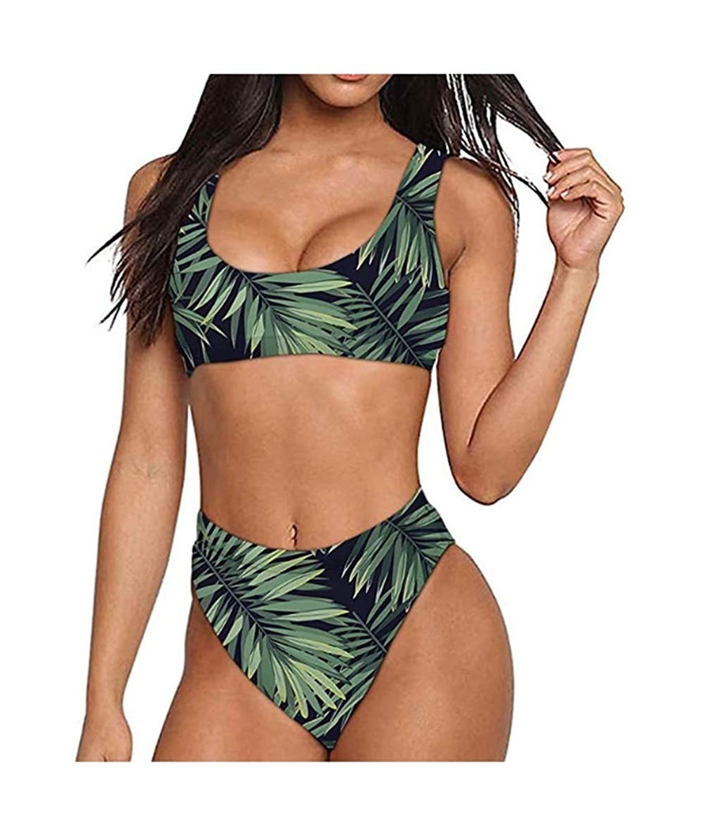 Sets Womens Two Pieces Bikini Sets High Waisted High Cut Cheeky Bottom Scoop Neck Low Cut Print Swimsuit Tropical Leaf - C419...