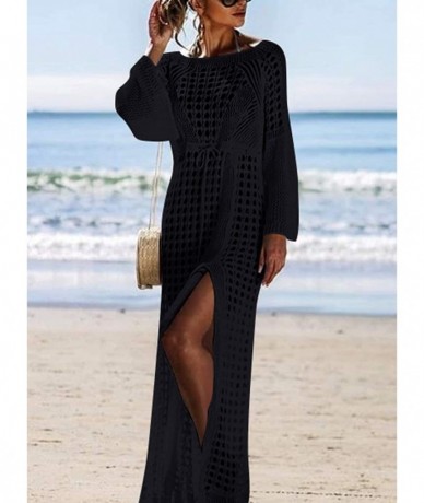 Cover-Ups Beach Cover up for Women V-Neck Beach Dresses Bikini Cover ups Swimwear Lace Split - Long-black - CW18QGI2KQX $20.49