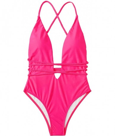 One-Pieces Women's Sexy One Piece Swimsuits Cut Out Criss Cross Halter Bathing Suit - Hot Pink-2 - CT1953GRHEZ $37.25