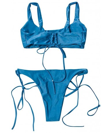 Sets Solid Color Lace Bikini Split Suit Sexy Push-Up Pad Swimwear Set Soft Bathing Swimsuit - Blue - C5194DLC36T $30.57