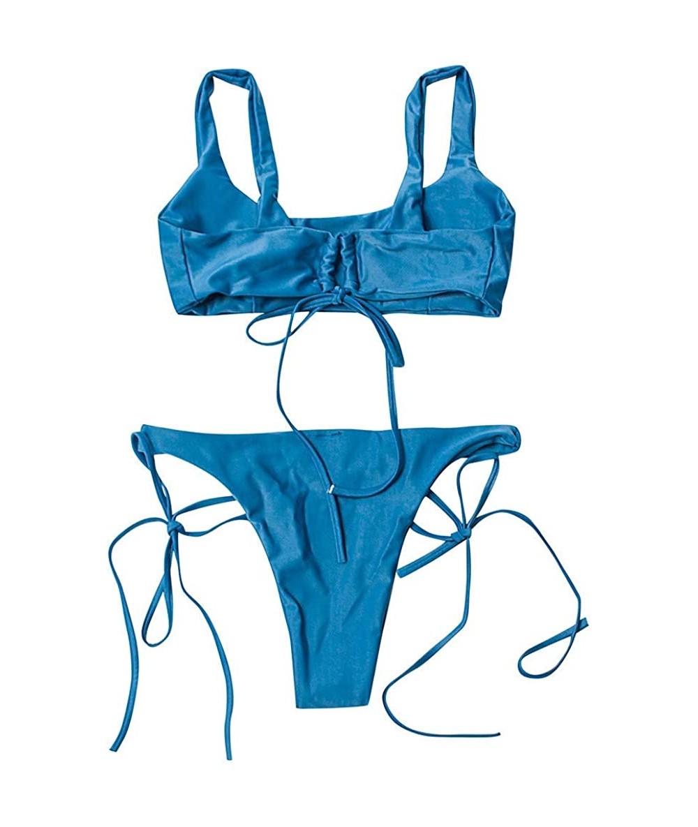 Sets Solid Color Lace Bikini Split Suit Sexy Push-Up Pad Swimwear Set Soft Bathing Swimsuit - Blue - C5194DLC36T $30.57