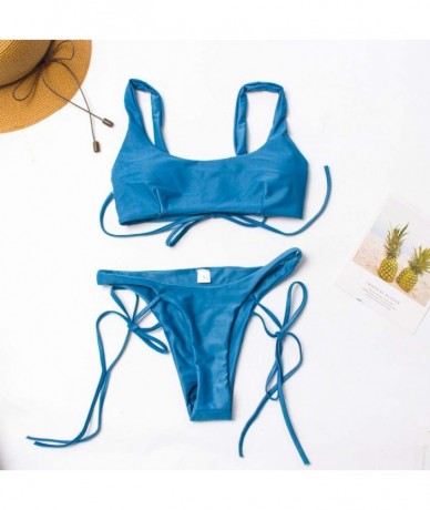 Sets Solid Color Lace Bikini Split Suit Sexy Push-Up Pad Swimwear Set Soft Bathing Swimsuit - Blue - C5194DLC36T $30.57