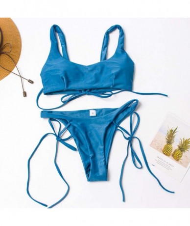 Sets Solid Color Lace Bikini Split Suit Sexy Push-Up Pad Swimwear Set Soft Bathing Swimsuit - Blue - C5194DLC36T $30.57