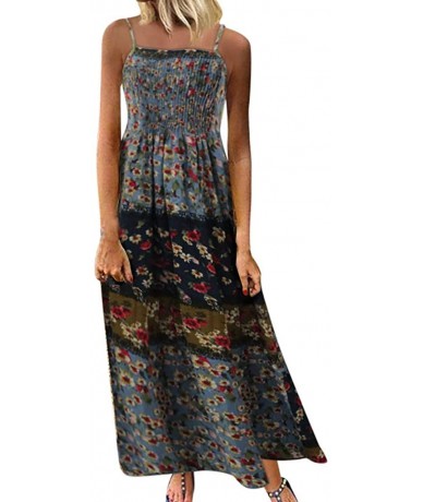 Bottoms Women Leisure O-Neck Loose 3/4 Sleeve Vintage Casual Floral Print Long Dress - Blue-a - CD18U4HAN0H $42.80