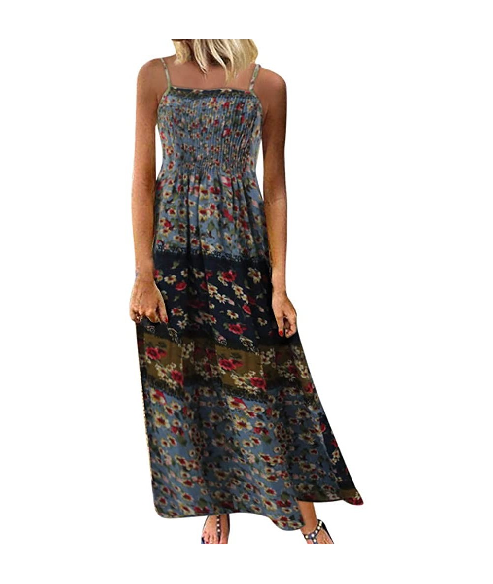 Bottoms Women Leisure O-Neck Loose 3/4 Sleeve Vintage Casual Floral Print Long Dress - Blue-a - CD18U4HAN0H $42.80